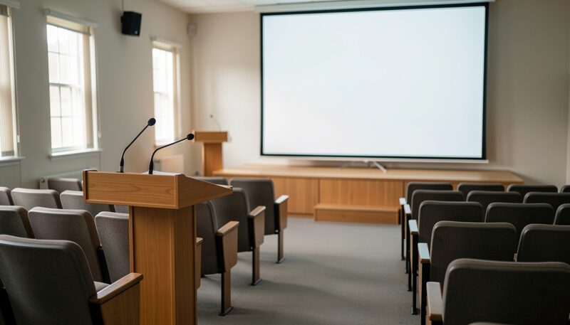 A lectern with a microphone in a small auditorium, rows of empty seats rising behind it, and a projection screen at the side showing a blank white field with nothing projected.