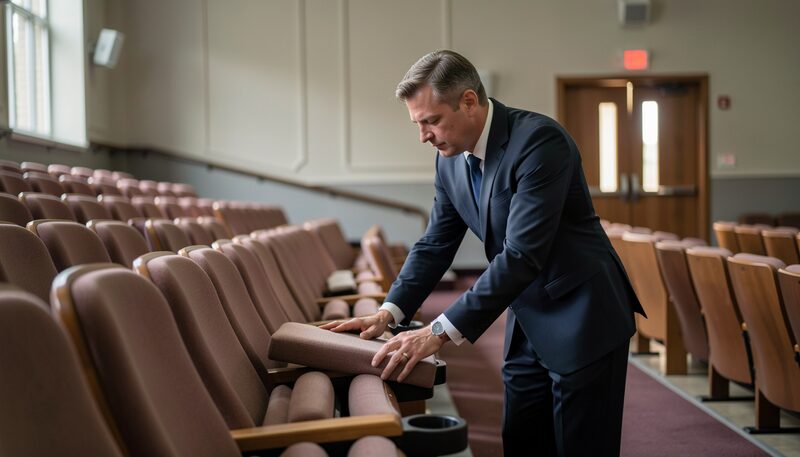 An usher straightening a row of seat cushions in an empty auditorium before the doors open, house lights half up, and rows of vacant seats receding toward a closed curtain at the far end.